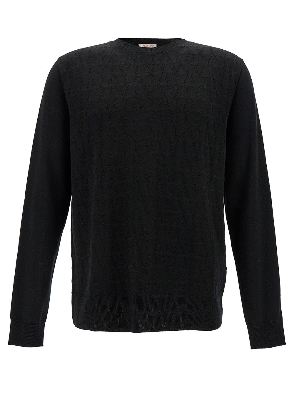 Valentino Men Black Crewneck Sweater With Tonal Vlogo Print In Wool Blend Man