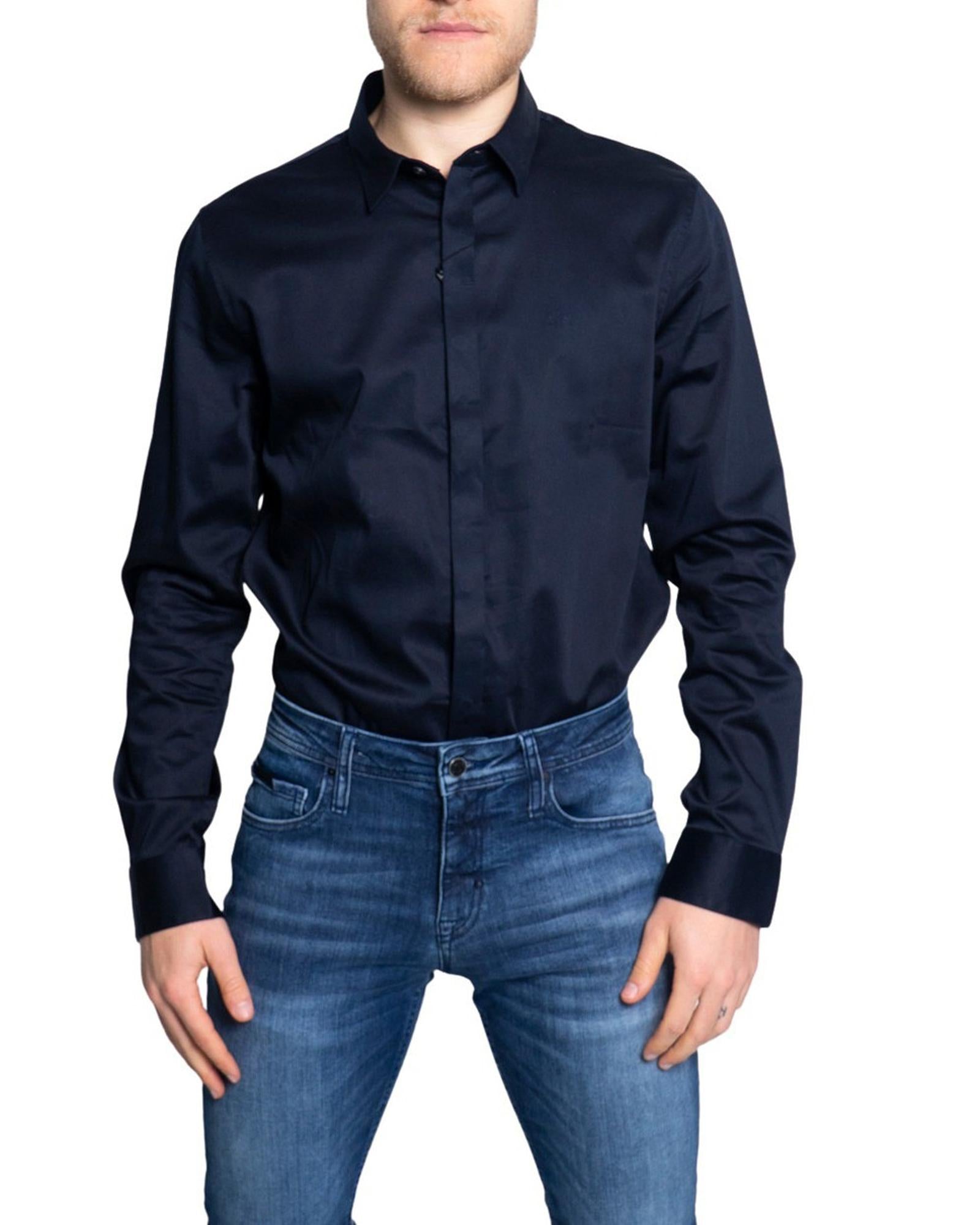 Armani Exchange Men's Slim Fit Stretch Long Sleeve Solid Shirt Regular L Blue