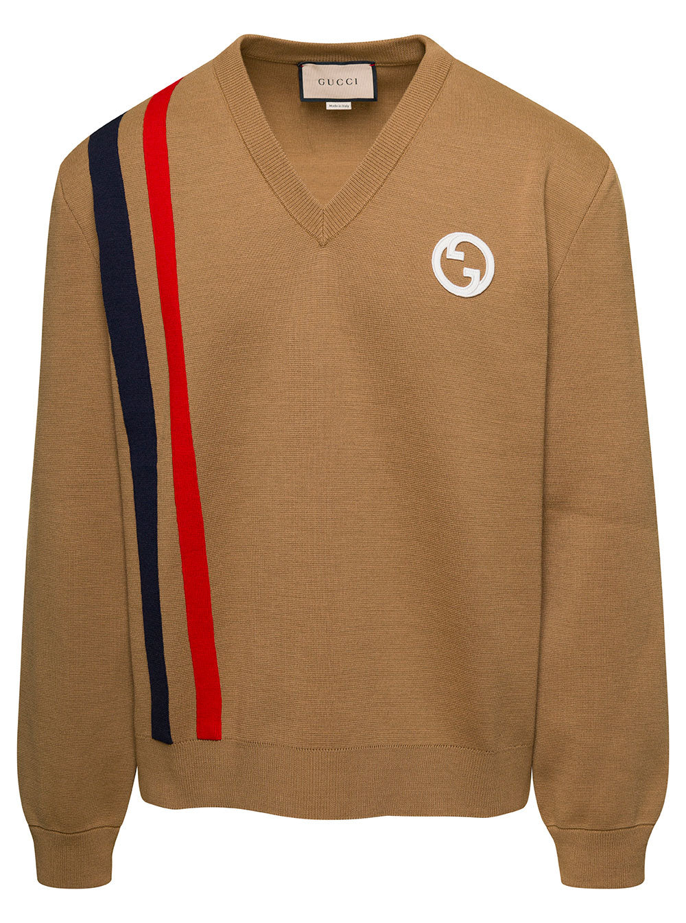 Gucci Men Beige Sweater With Interlocking G And V Neck In Wool Man