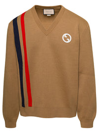 Gucci Men Beige Sweater With Interlocking G And V Neck In Wool Man