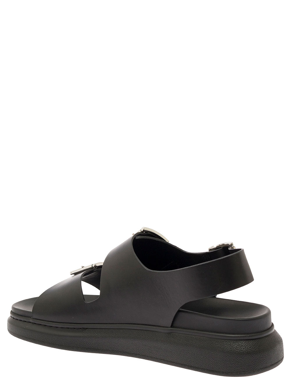 Alexander Mcqueen Men Black Slide Sandals With Embossed Logo In Leather Man