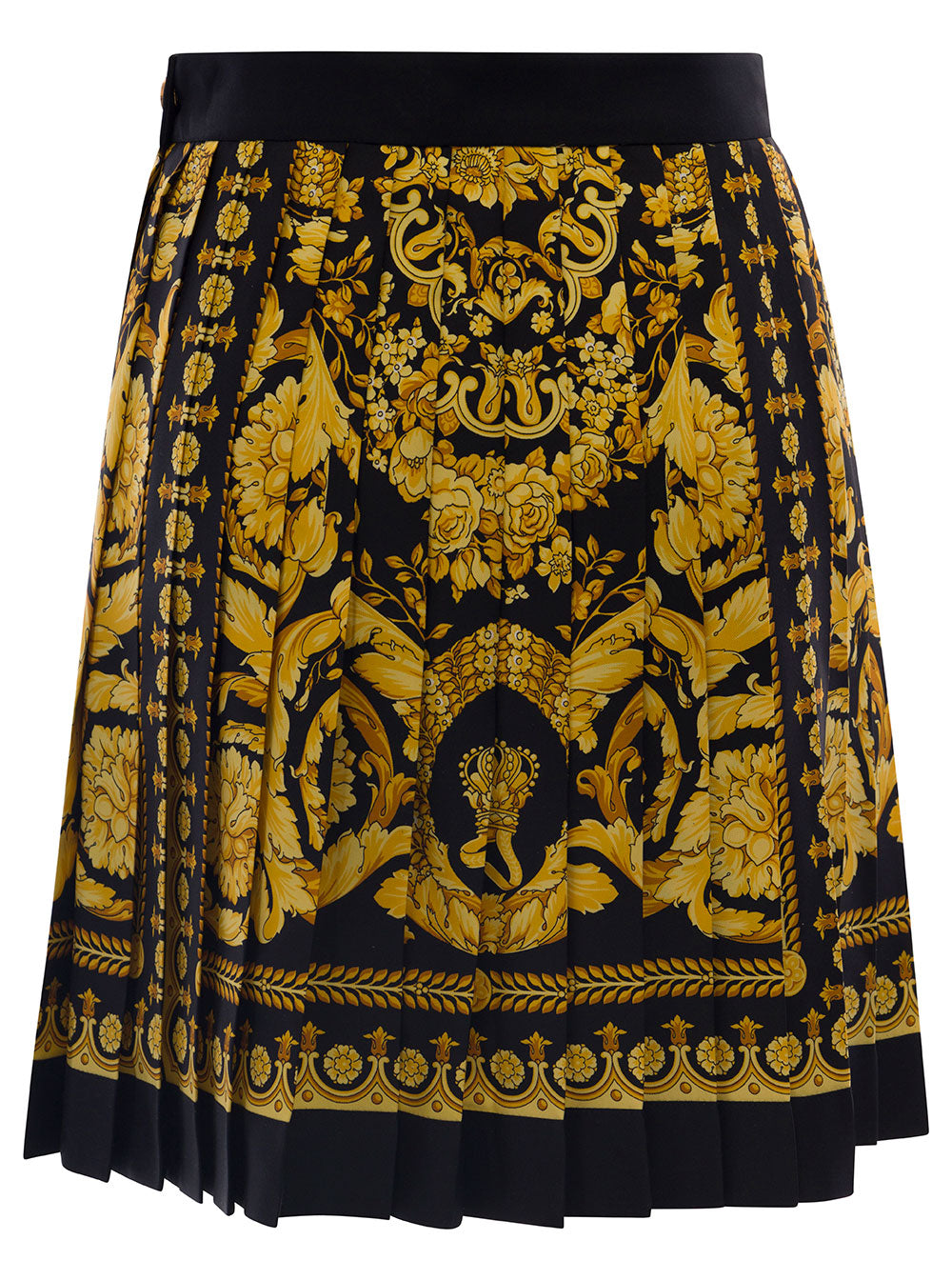 Versace Women Black And Golden Pleated Skirt With Baroque Print All-Over In Silk Woman