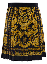 Versace Women Black And Golden Pleated Skirt With Baroque Print All-Over In Silk Woman