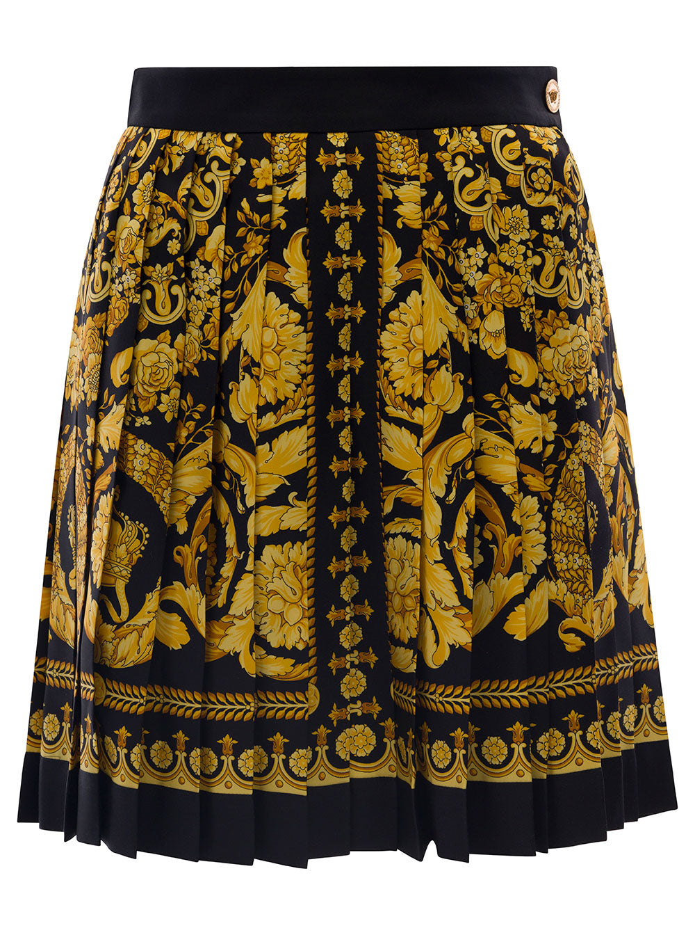 Versace Women Black And Golden Pleated Skirt With Baroque Print All-Over In Silk Woman
