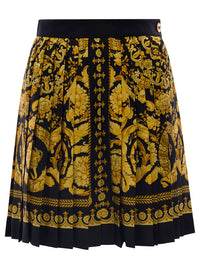 Versace Women Black And Golden Pleated Skirt With Baroque Print All-Over In Silk Woman