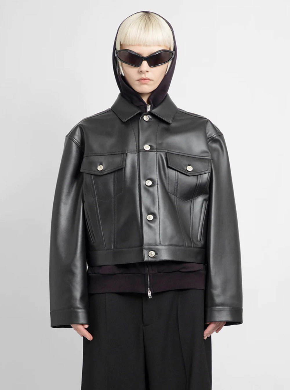 BALENCIAGA Balenciaga Women Black Cropped Jacket With Silver-Tone Branded Buttons In Super Smooth Leather Woman