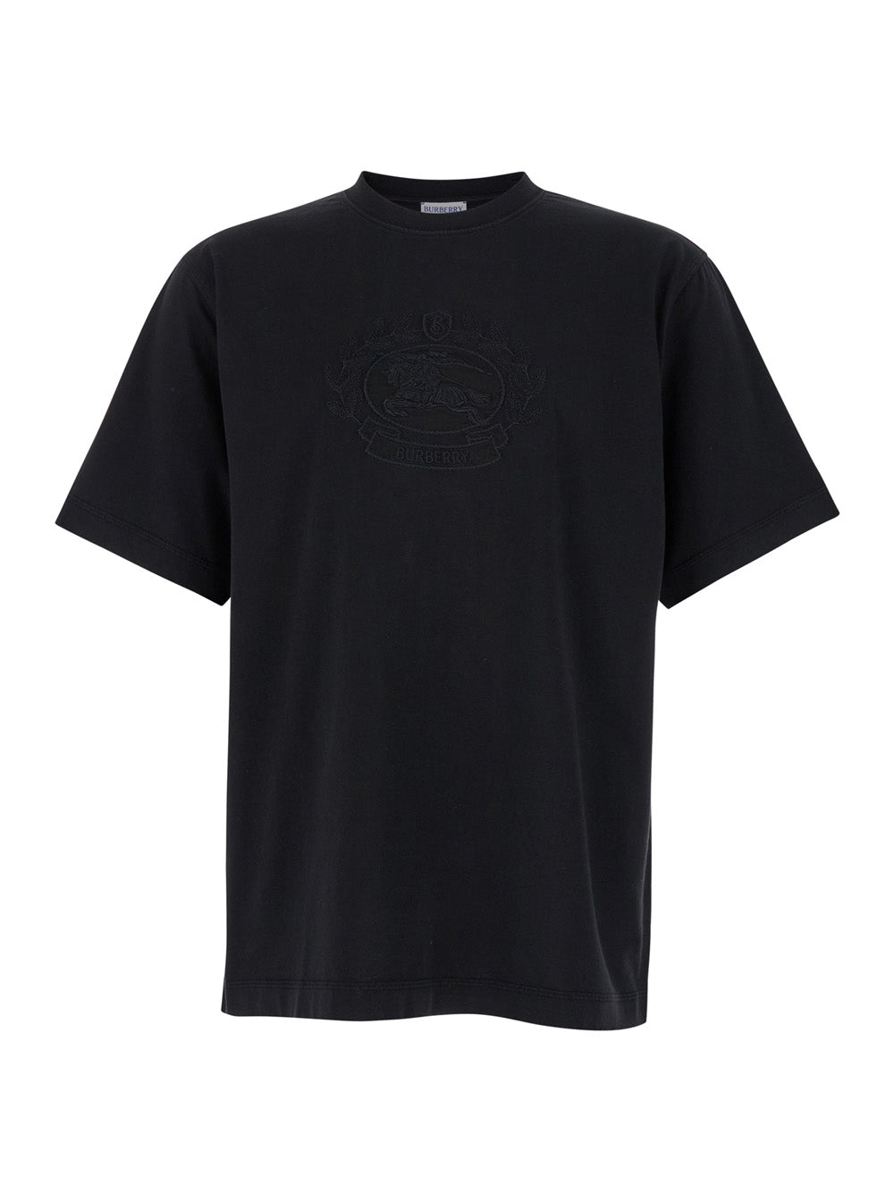 Burberry Men Black Boxy T-Shiirt With Tonal Equestrian Knight Embroidery In Cotton Man