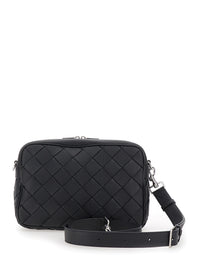 Bottega Veneta Men 'Messenger Medium' Black Crossbody Bag With Intreccio Motif In Hammered Leather Man