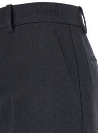 Gucci Women Grey Pants With Logo Lettering Detail On The Waist In Wool Woman
