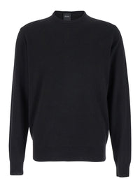 Leplain Men Crew Neck Sweater With Long Sleeves In Merino Wool And Black Silk For Men