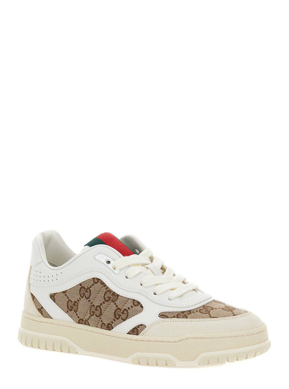 GUCCI Gucci Women White And Beige Low Top Sneakers With Web Detail In Leather And Gg Supreme Canvas Woman