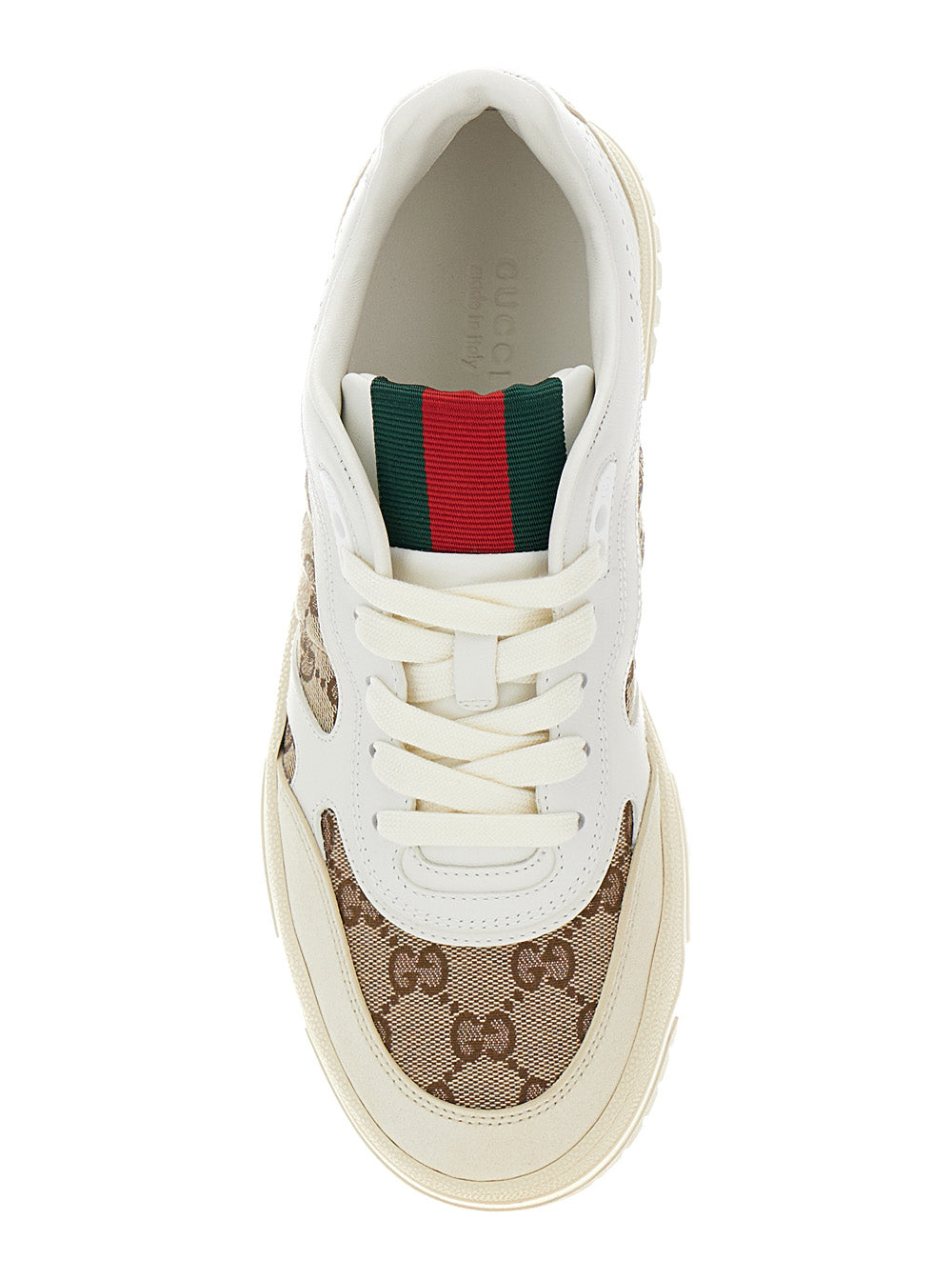 GUCCI Gucci Women White And Beige Low Top Sneakers With Web Detail In Leather And Gg Supreme Canvas Woman