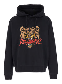 Dsquared2 Men Black Hoodie With Drawstring Hood And Maxi Logo Print On The Front In Cotton Man