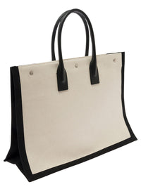 Saint Laurent Men 'Big Rive Gauche' Beige Tote Bag With Contrasting Logo Print In Cotton And Linen Man