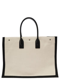 Saint Laurent Men 'Big Rive Gauche' Beige Tote Bag With Contrasting Logo Print In Cotton And Linen Man