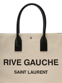 Saint Laurent Men 'Big Rive Gauche' Beige Tote Bag With Contrasting Logo Print In Cotton And Linen Man