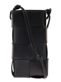 Bottega Veneta Women 'Phone Pouch' Black Shoulder Bag With Knot Details In Intreccio Nappa Leather Woman