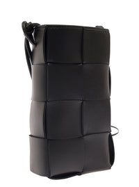 Bottega Veneta Women 'Phone Pouch' Black Shoulder Bag With Knot Details In Intreccio Nappa Leather Woman