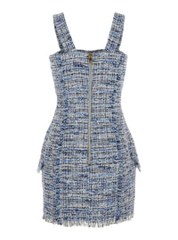 Balmain Women Blue Dress With Frayed Details In Tweed Woman