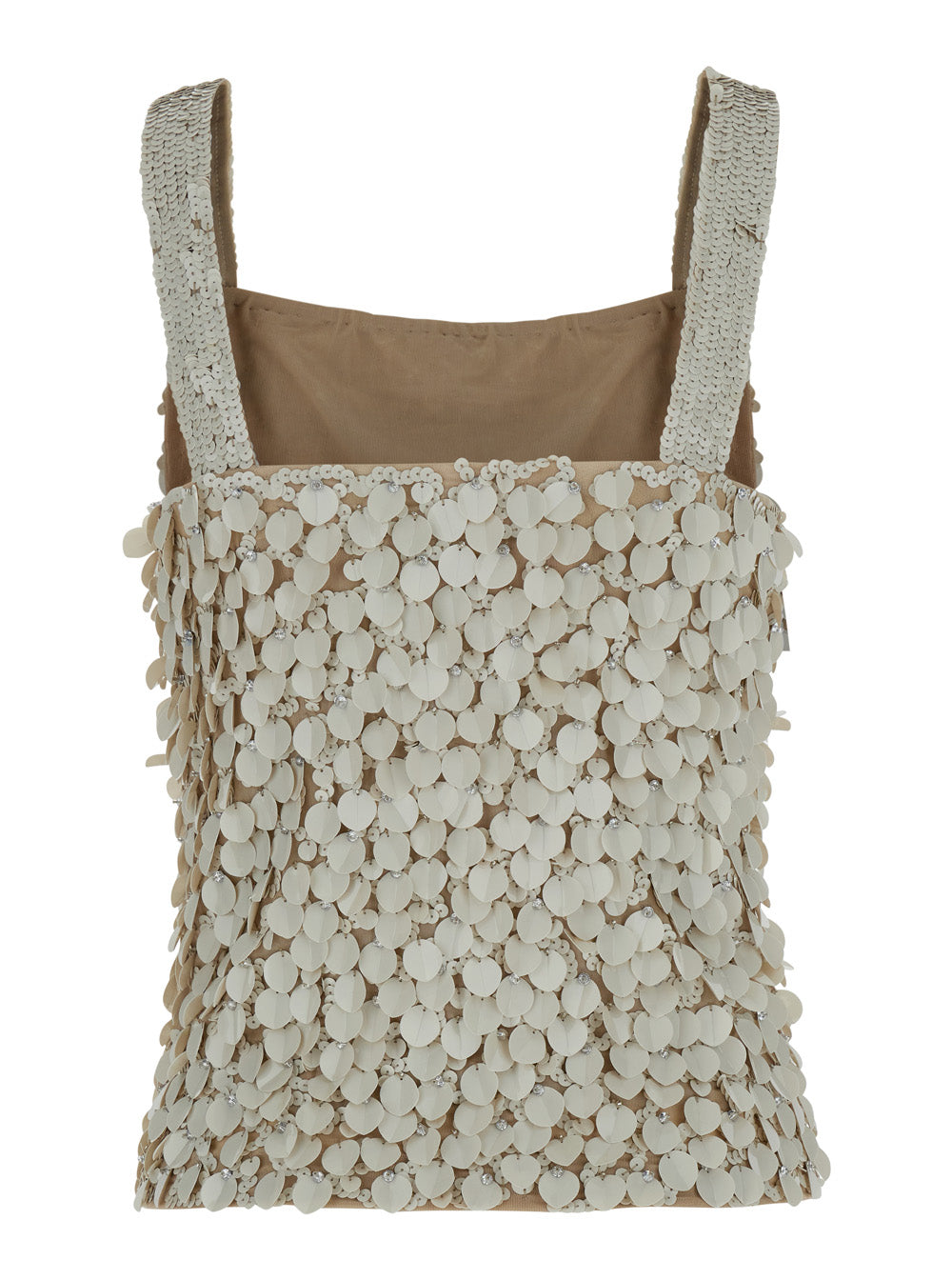 P.A.R.O.S.H. P.A.R.O.S.H. Women Beige Sleeveless Rhinestoned Top In Tech Fabric Stretch Woman