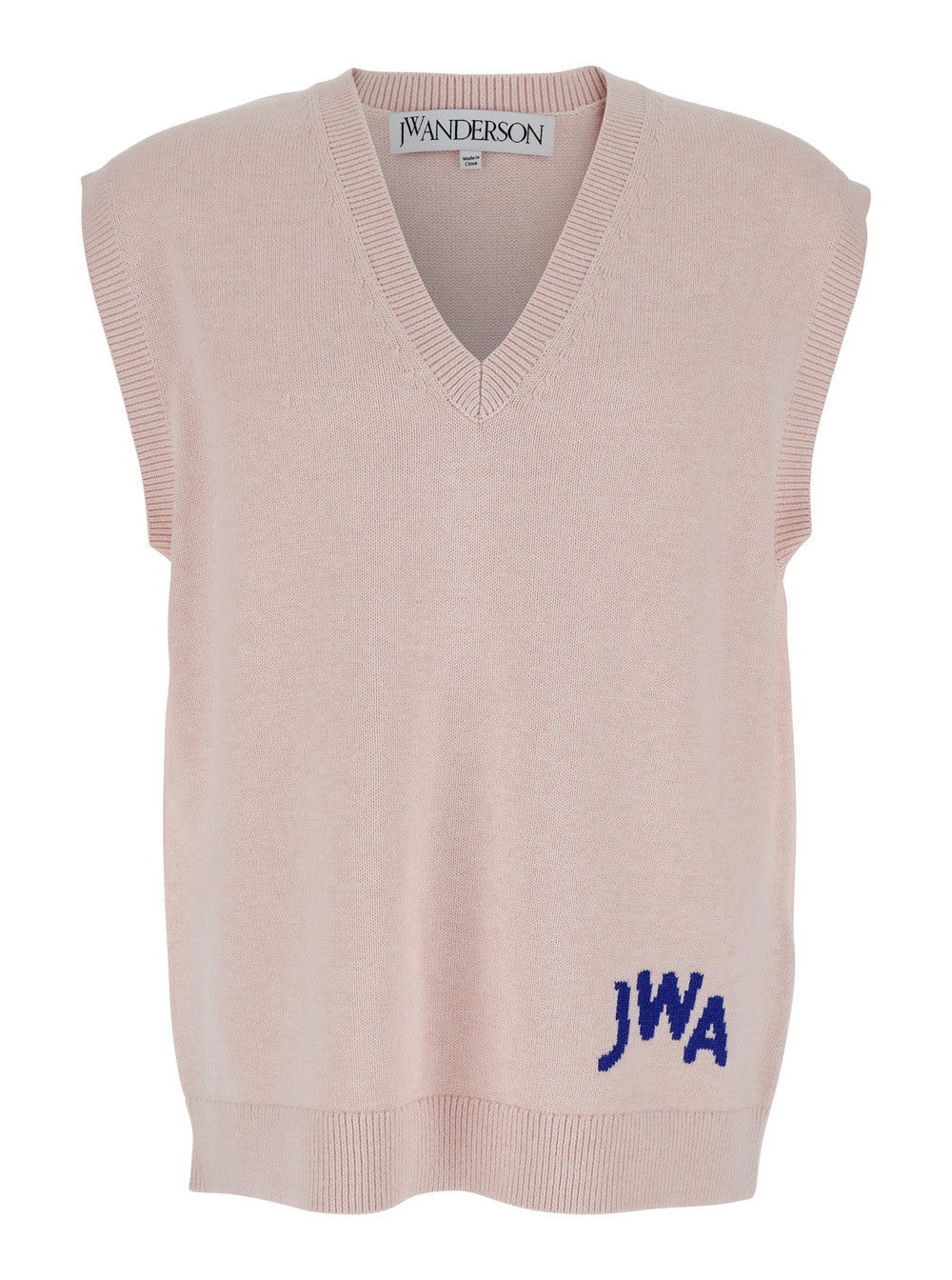 Jw Anderson Men Pink Sleeveless Vest With V Neck And Contrasting Logo Embroidery On The Front In Cotton And Cashmere Blend Man