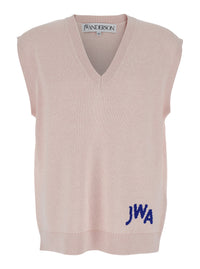 Jw Anderson Men Pink Sleeveless Vest With V Neck And Contrasting Logo Embroidery On The Front In Cotton And Cashmere Blend Man
