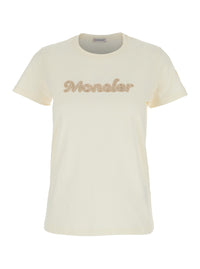 Moncler Women White T-Shirt With Embroidered Logo On The Front And Logo Patch On The Sleeve In Cotton Woman
