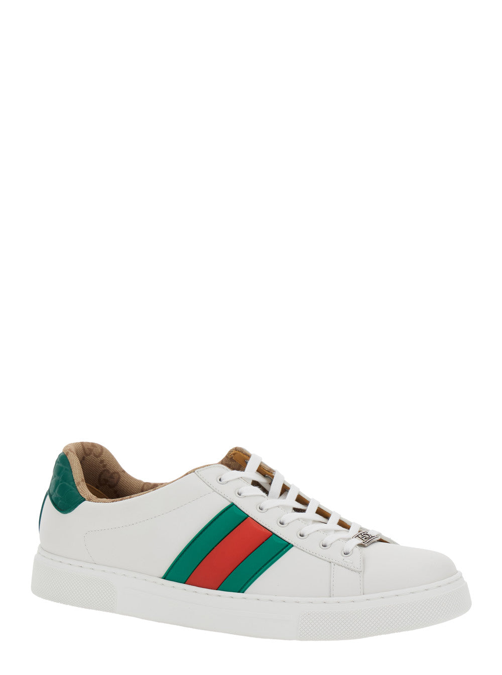 Gucci Men 'Ace' White Sneaker With Web Detail On The Side And Tag On The Front In Leather Man