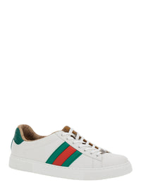 Gucci Men 'Ace' White Sneaker With Web Detail On The Side And Tag On The Front In Leather Man