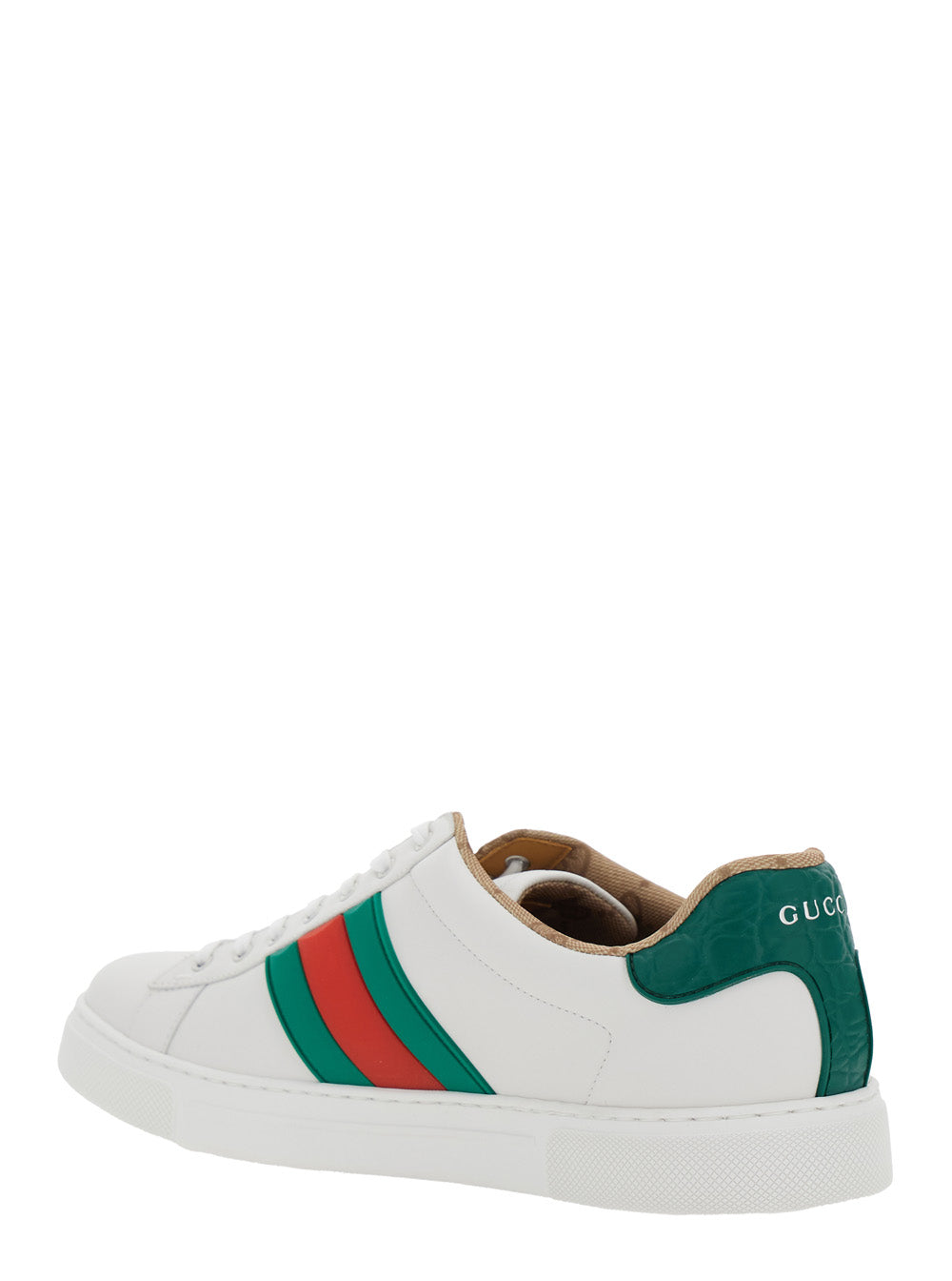 Gucci Men 'Ace' White Sneaker With Web Detail On The Side And Tag On The Front In Leather Man