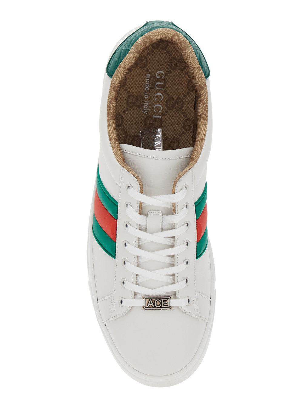 Gucci Men 'Ace' White Sneaker With Web Detail On The Side And Tag On The Front In Leather Man