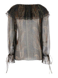 Saint Laurent Women Multicolor Off-Shoulder Blouse With Drawstring Poet Sleeves In Silk Blend Woman