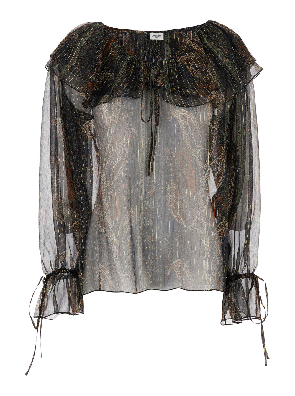 Saint Laurent Women Multicolor Off-Shoulder Blouse With Drawstring Poet Sleeves In Silk Blend Woman