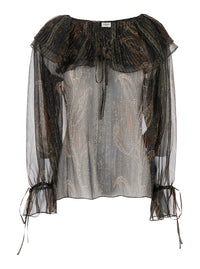 Saint Laurent Women Multicolor Off-Shoulder Blouse With Drawstring Poet Sleeves In Silk Blend Woman