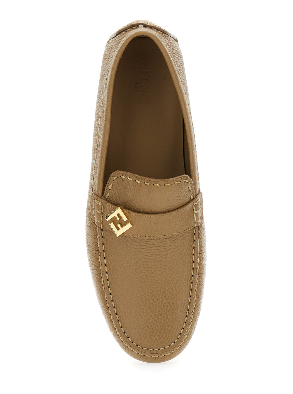 Fendi Men 'Driver' Beige Loafers With Rubber Injected Sole And Metallic Ff Plate In Hammered Leather Man