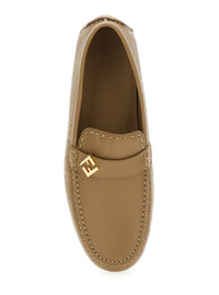 Fendi Men 'Driver' Beige Loafers With Rubber Injected Sole And Metallic Ff Plate In Hammered Leather Man