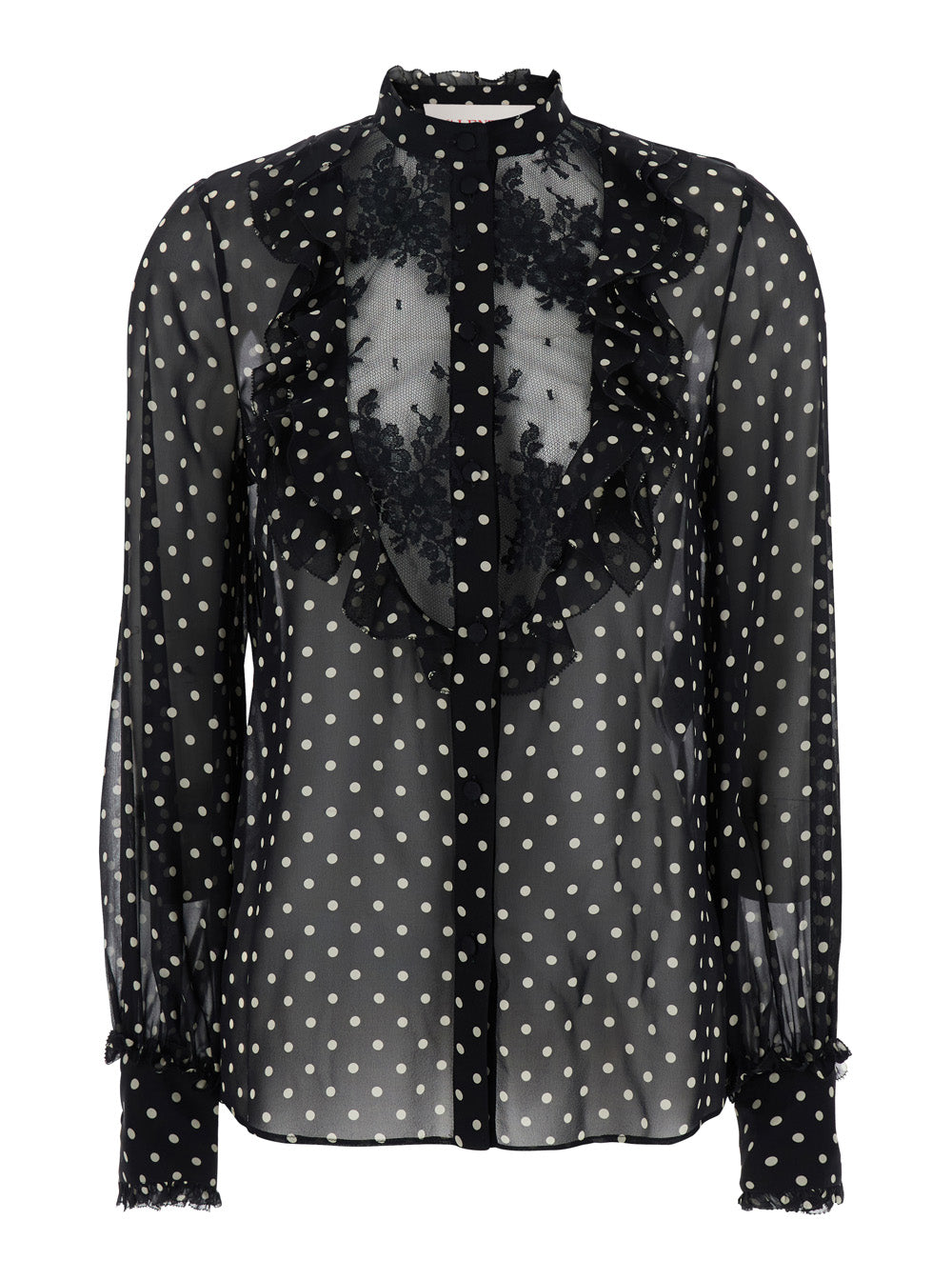 Valentino Women Black Crewneck Shirt With Floral Embroidery And All-Over Polka Dots Motif In Silk Woman