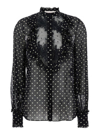 Valentino Women Black Crewneck Shirt With Floral Embroidery And All-Over Polka Dots Motif In Silk Woman