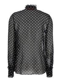 Valentino Women Black Crewneck Shirt With Floral Embroidery And All-Over Polka Dots Motif In Silk Woman