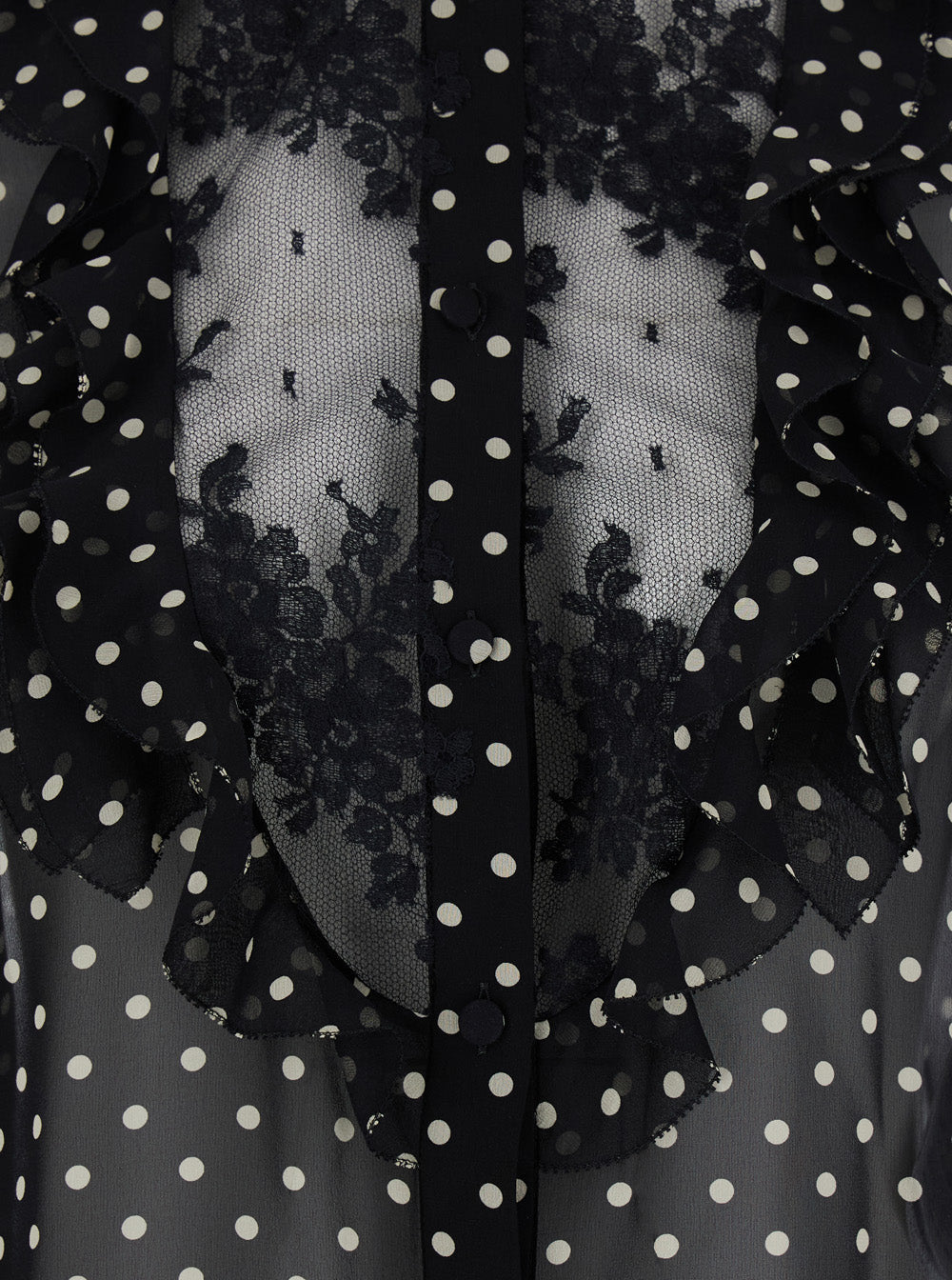 Valentino Women Black Crewneck Shirt With Floral Embroidery And All-Over Polka Dots Motif In Silk Woman