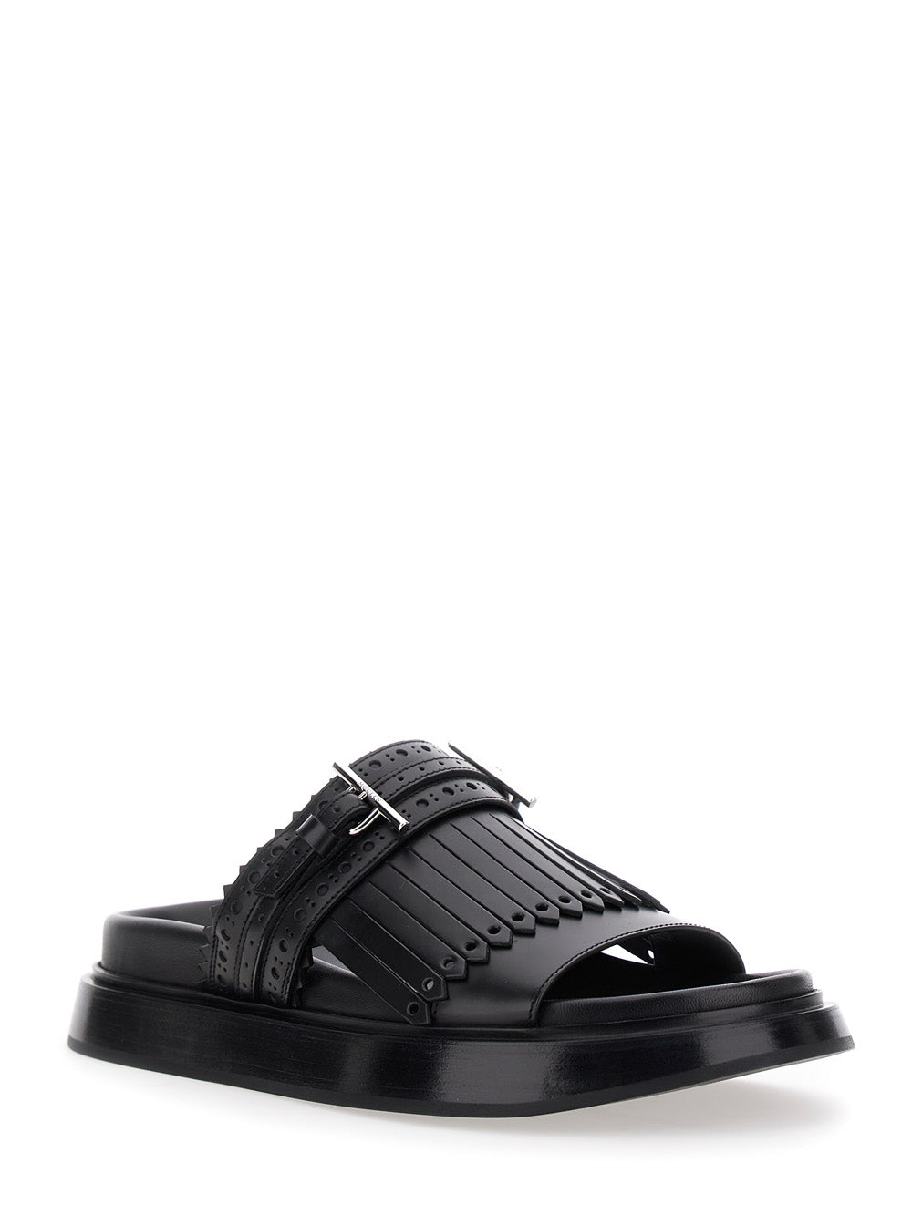 Alexander Mcqueen Women Black Sandals With Brogue T-Buckle Decorative Strap In Leather Woman