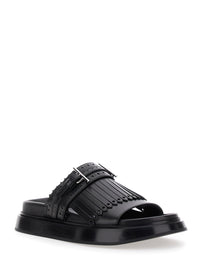 Alexander Mcqueen Women Black Sandals With Brogue T-Buckle Decorative Strap In Leather Woman