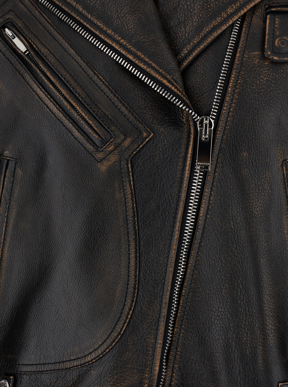 Alexander Mcqueen Women Antiqued Brown Biker Jacket With Wide Classic Lapels And Decentralized Zip Closure In Leather Woman