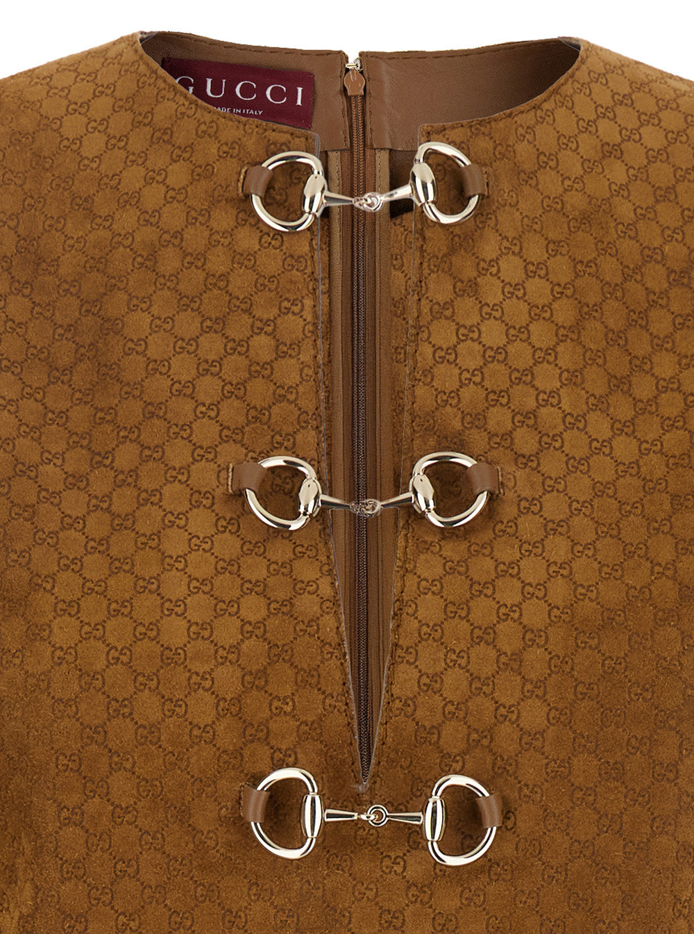 Gucci Women Brown Dress With Front Horsebit Details And All-Over Gg Motif In Suede Woman