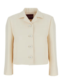 Gucci Women White Jacket With Notched Revers In Gg Canvas Woman