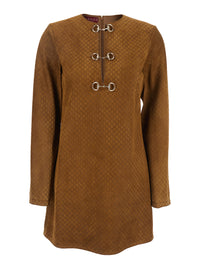 Gucci Women Brown Dress With Front Horsebit Details And All-Over Gg Motif In Suede Woman