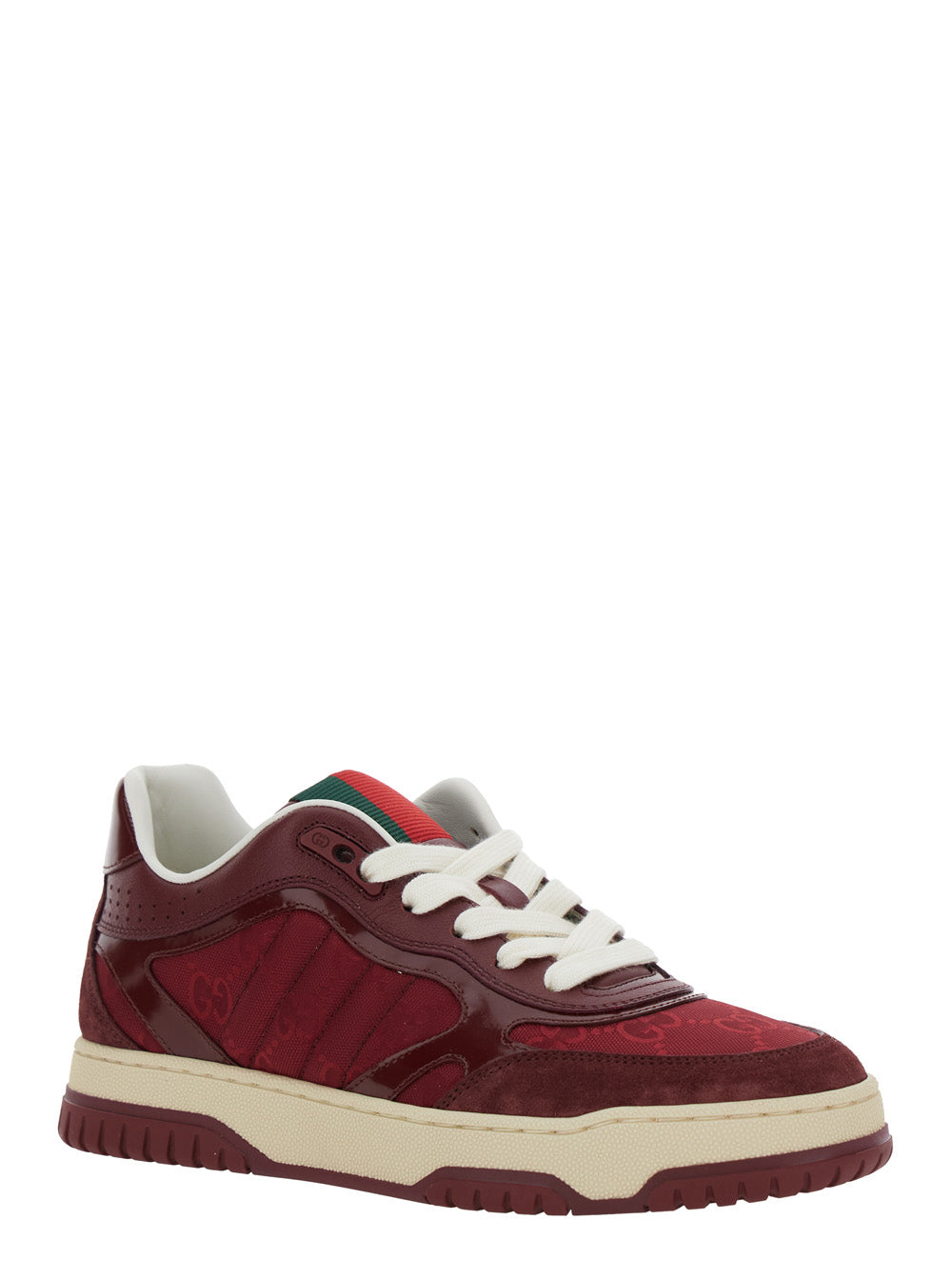 Gucci Women 'Re-Web' Red Low Top Sneakers With Web Tongue And Logo Patch On The Rear In Gg Canvas Woman