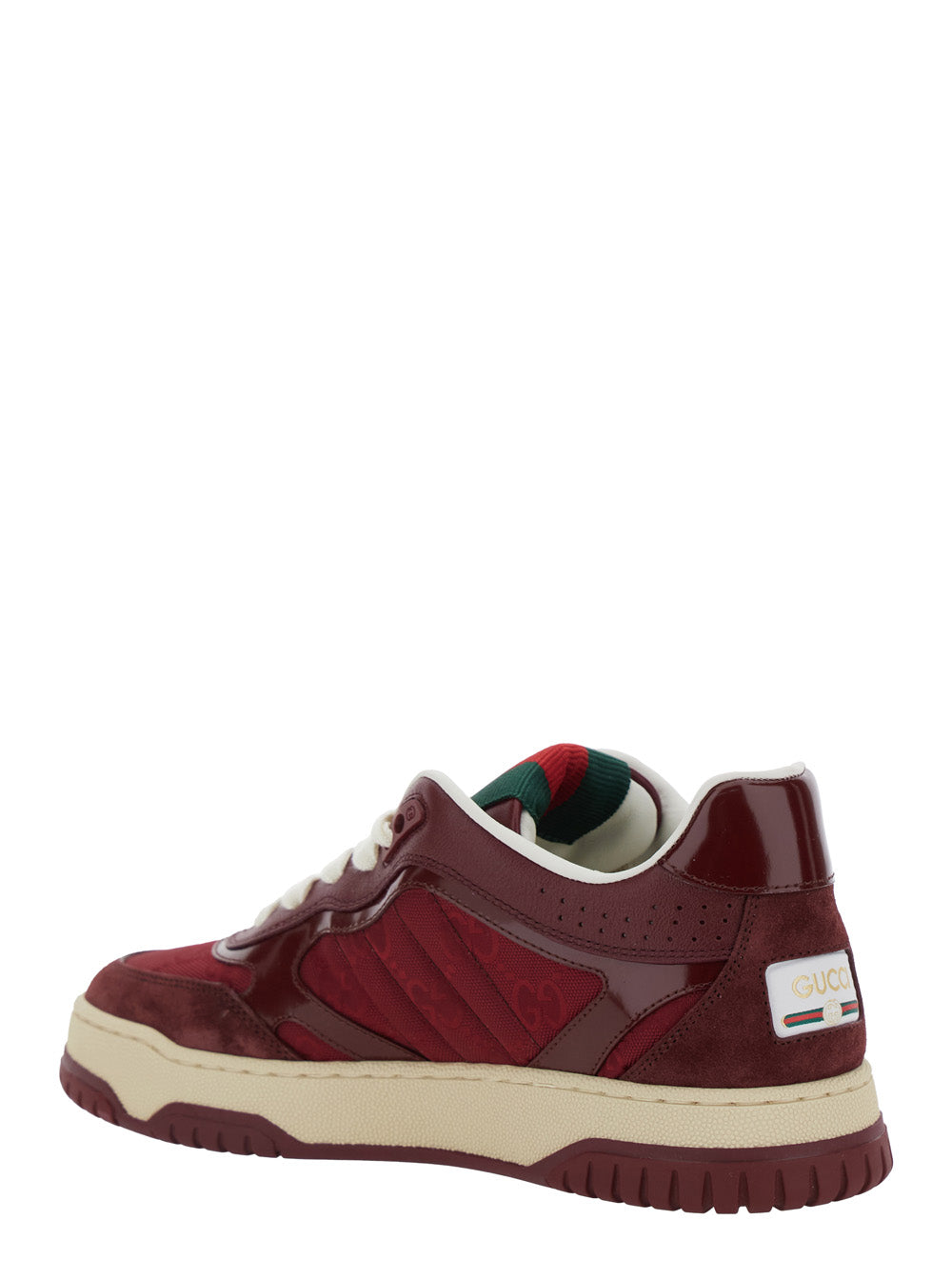 Gucci Women 'Re-Web' Red Low Top Sneakers With Web Tongue And Logo Patch On The Rear In Gg Canvas Woman