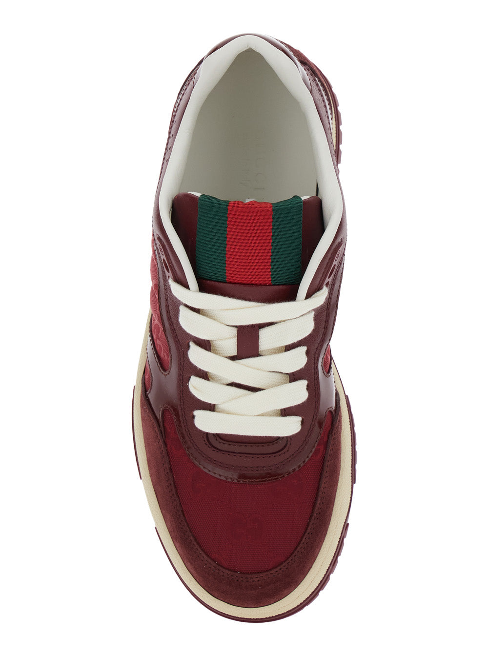 Gucci Women 'Re-Web' Red Low Top Sneakers With Web Tongue And Logo Patch On The Rear In Gg Canvas Woman