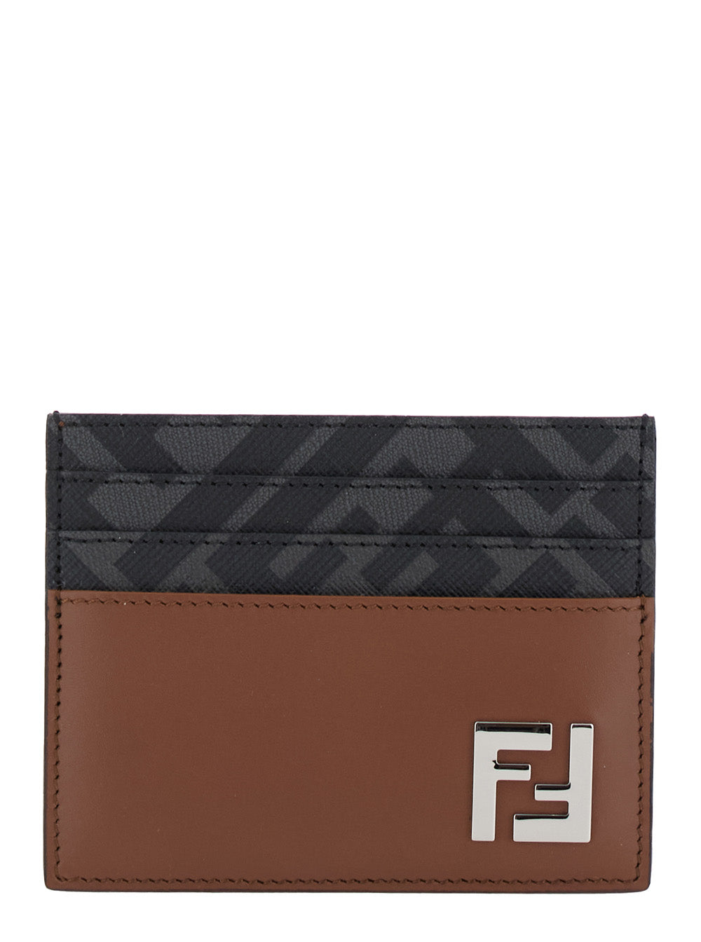 Fendi Men Brown Card Holder With Ff Plaque On The Front In Leather And Ff Canvas Man
